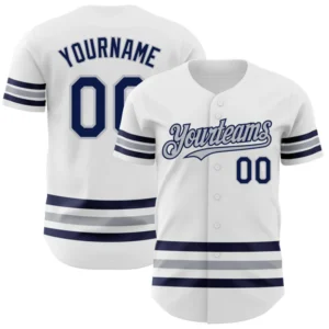 White Baseball Jersey with Navy and Silver Stripes