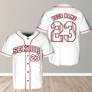 White Baseball Jersey with Red Piping and Senior Theme - AW-SW-2203