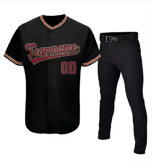 Black Baseball Jersey with Red and Cream Accents and Black Pants -AW-SW-2206